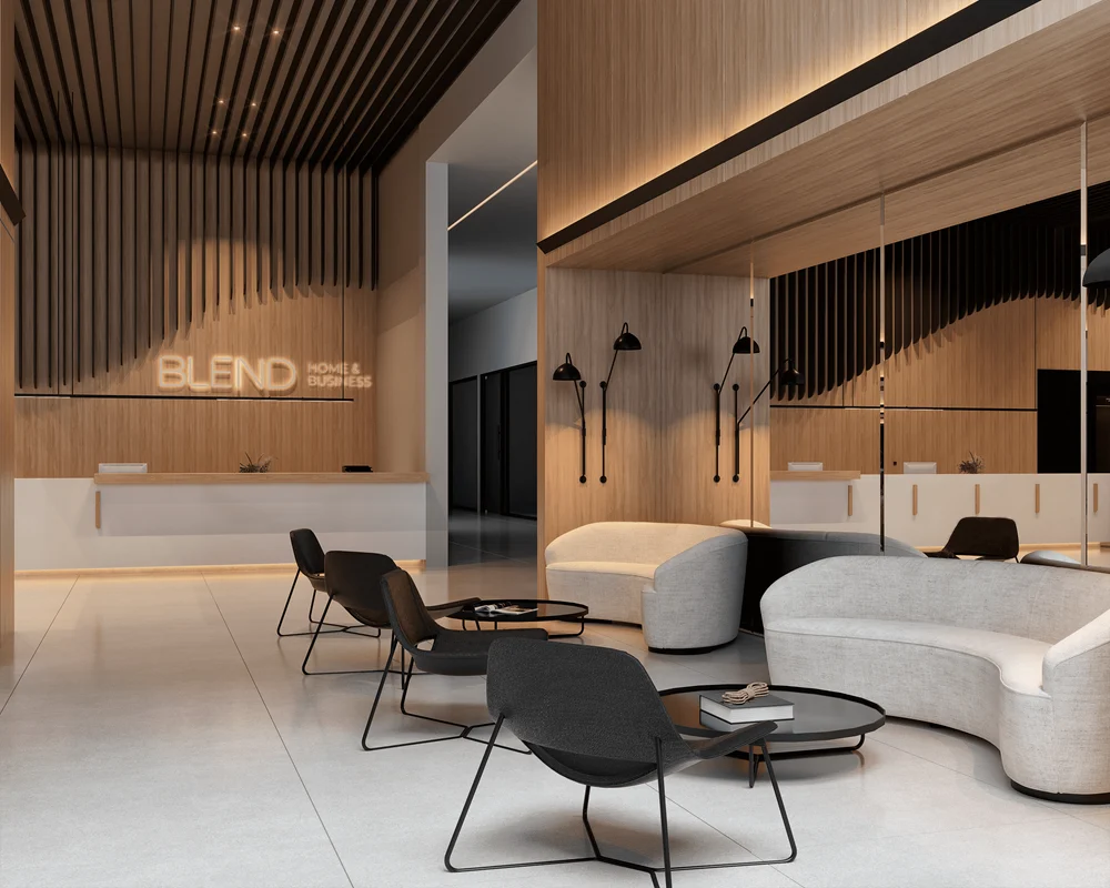 Perspectiva ilustrativa do lobby do Blend